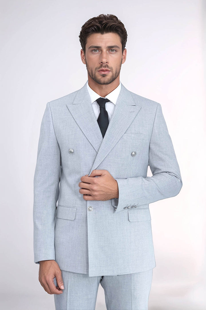 Slim Fit Double-Breasted Grey Men’s Suit with Silver-Tone Metal Buttons – Wessi