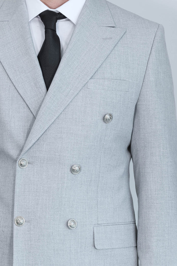Slim Fit Double-Breasted Grey Men’s Suit with Silver-Tone Metal Buttons – Wessi