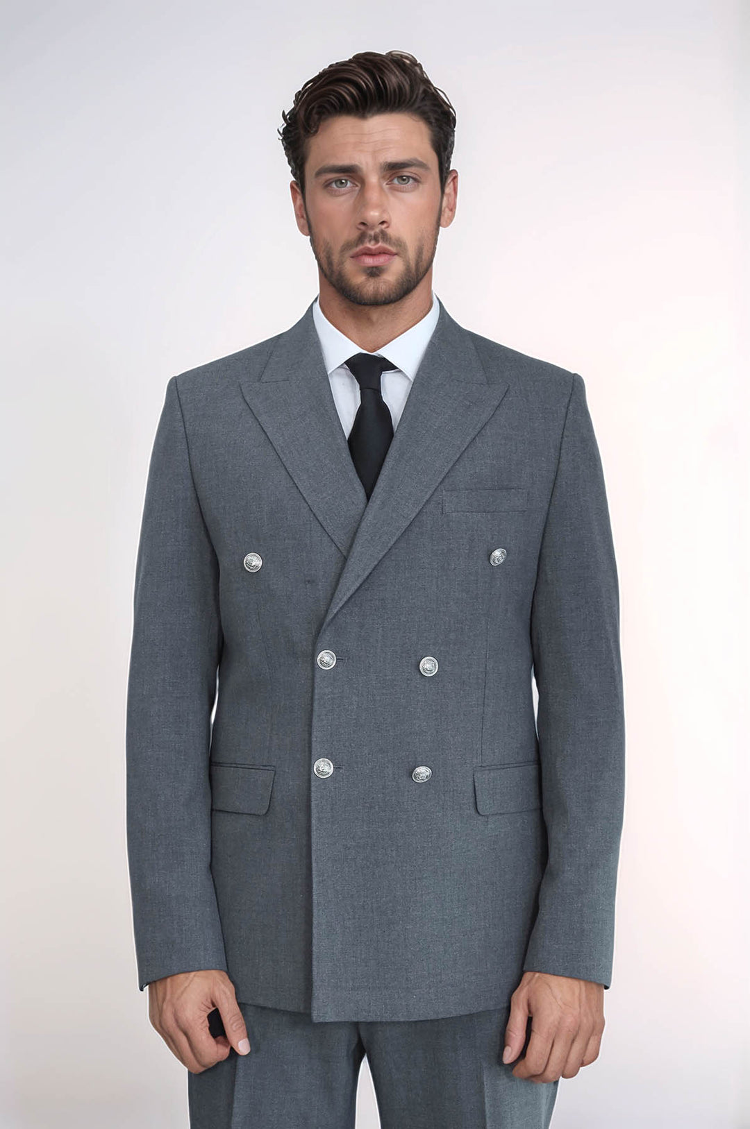 Slim Fit Double-Breasted Anthracite Men’s Suit with Silver-Tone Metal Buttons – Wessi