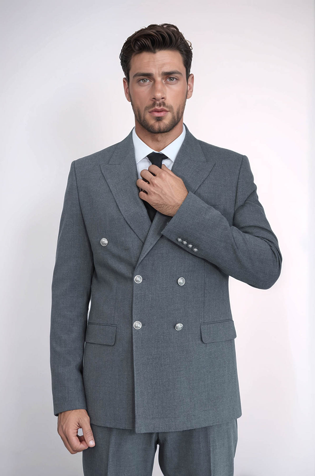 Slim Fit Double-Breasted Anthracite Men’s Suit with Silver-Tone Metal Buttons – Wessi