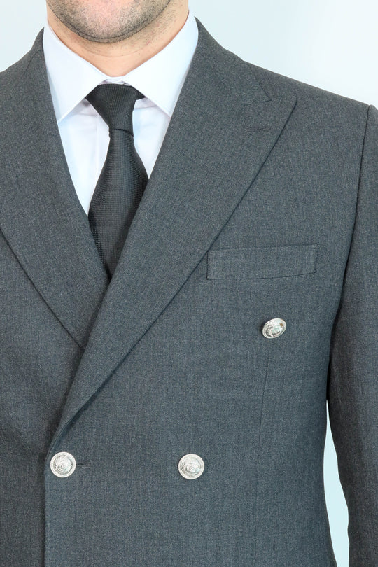 Modern Fit Double-Breasted Dark Grey Men’s Suit with Silver-Tone Metal Buttons – Wessi