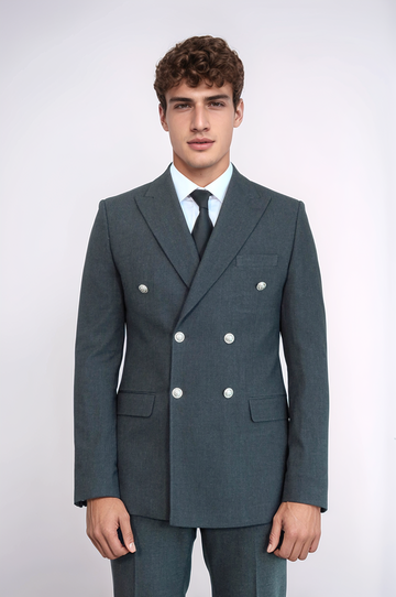Modern Fit Double-Breasted Dark Grey Men’s Suit with Silver-Tone Metal Buttons – Wessi
