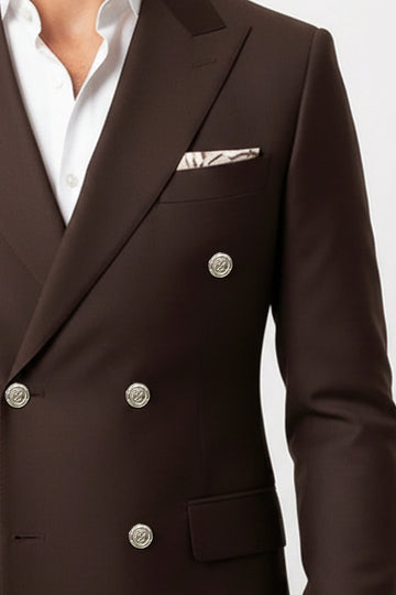 Modern Fit Double-Breasted Brown Men's Suit with Silver-Tone Buttons – Wessi
