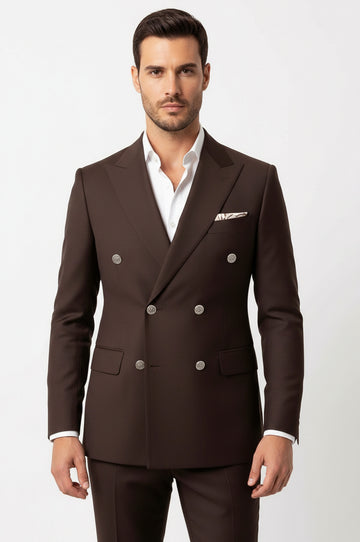 Modern Fit Double-Breasted Brown Men's Suit with Silver-Tone Buttons – Wessi