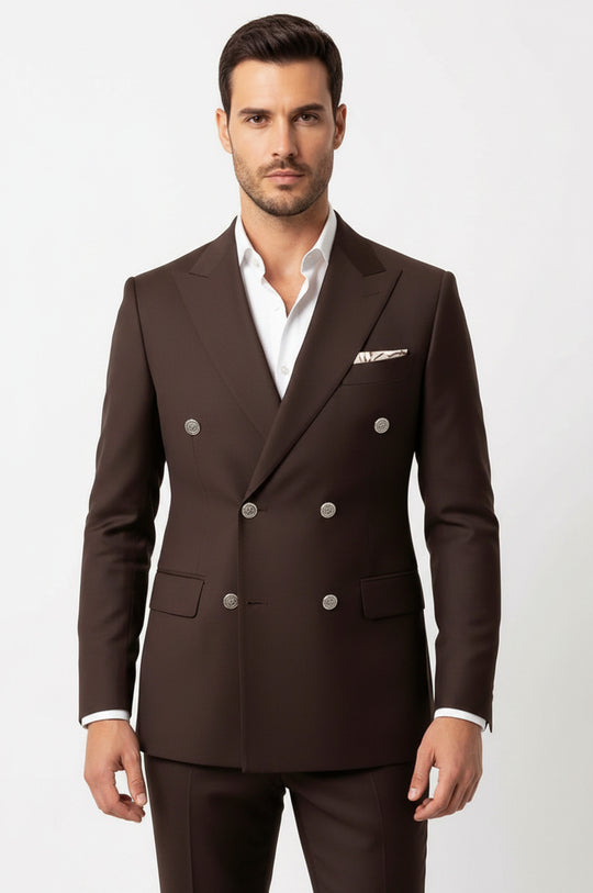 Modern Fit Double-Breasted Brown Men's Suit with Silver-Tone Buttons – Wessi