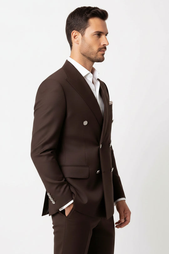 Modern Fit Double-Breasted Brown Men's Suit with Silver-Tone Buttons – Wessi