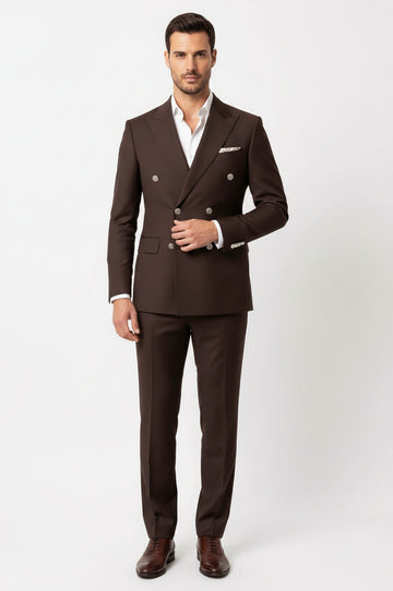 Modern Fit Double-Breasted Brown Men's Suit with Silver-Tone Buttons – Wessi