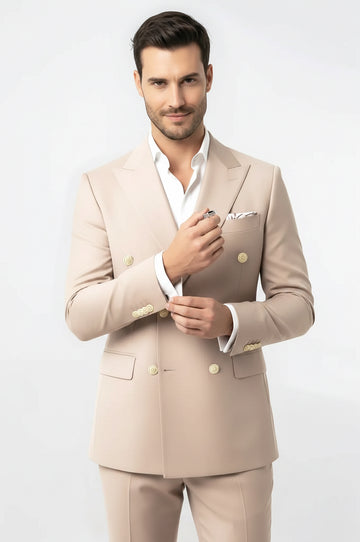 Modern Fit Double-Breasted Beige Men's Suit with Silver-Tone Buttons – Wessi