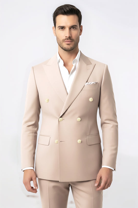 Modern Fit Double-Breasted Beige Men's Suit with Silver-Tone Buttons – Wessi
