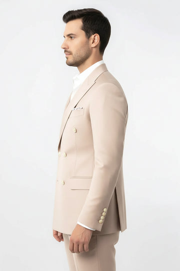 Modern Fit Double-Breasted Beige Men's Suit with Silver-Tone Buttons – Wessi
