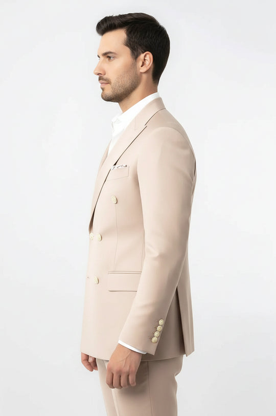 Modern Fit Double-Breasted Beige Men's Suit with Silver-Tone Buttons – Wessi