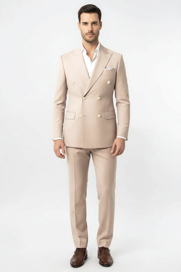 Modern Fit Double-Breasted Beige Men's Suit with Silver-Tone Buttons – Wessi