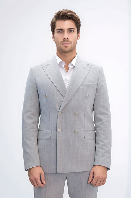 Pinstripe Double-Breasted Light Grey Men's Suit with Silver Buttons – Wessi