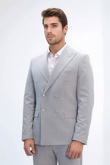 Pinstripe Double-Breasted Light Grey Men's Suit with Silver Buttons – Wessi
