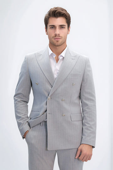 Pinstripe Double-Breasted Light Grey Men's Suit with Silver Buttons – Wessi