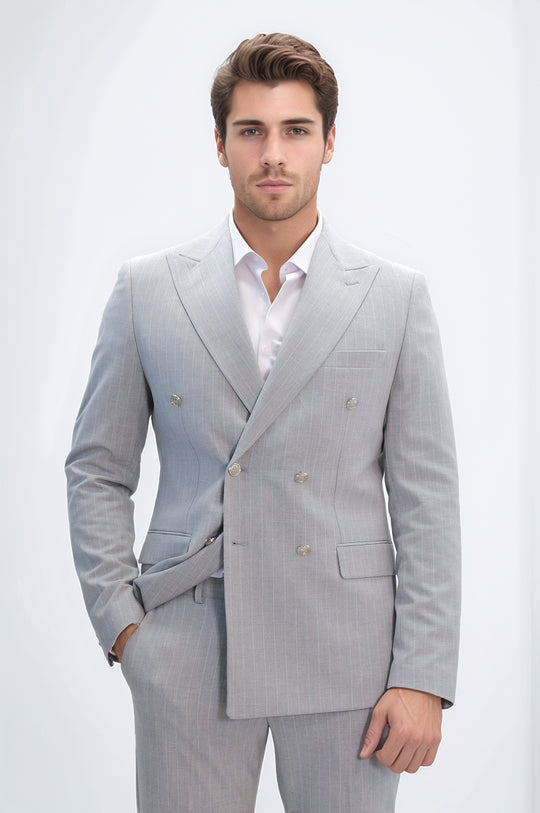 Pinstripe Double-Breasted Light Grey Men's Suit with Silver Buttons – Wessi