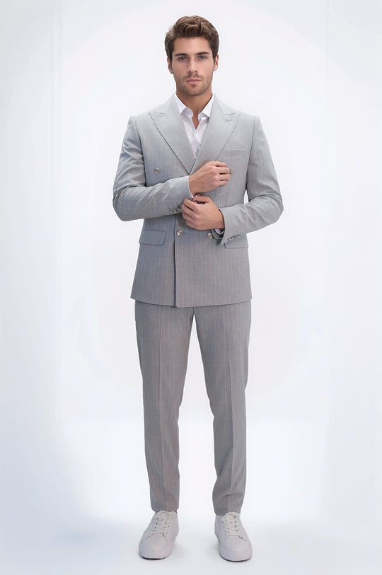 Pinstripe Double-Breasted Light Grey Men's Suit with Silver Buttons – Wessi
