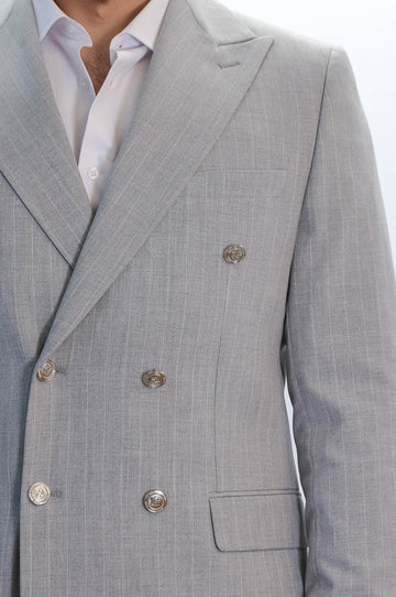 Pinstripe Double-Breasted Light Grey Men's Suit with Silver Buttons – Wessi