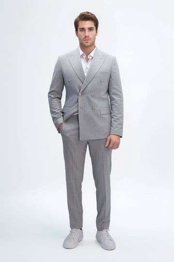 Pinstripe Double-Breasted Light Grey Men's Suit with Silver Buttons – Wessi