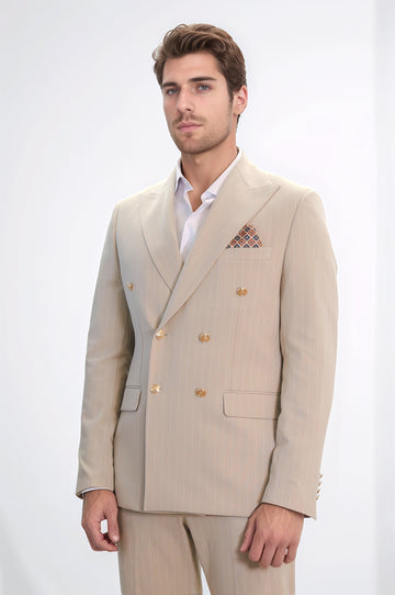 Pinstripe Double-Breasted Cream Men's Suit with Silver Buttons – Wessi