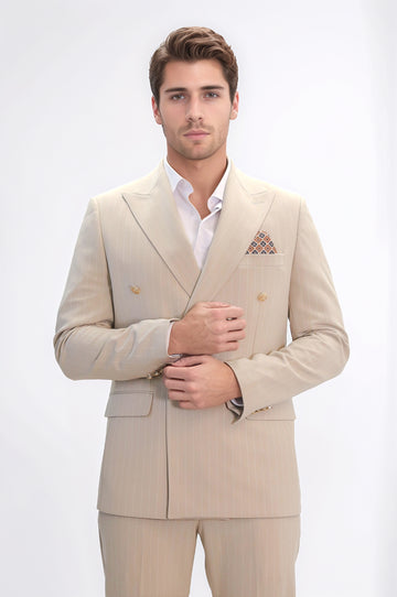 Pinstripe Double-Breasted Cream Men's Suit with Silver Buttons – Wessi