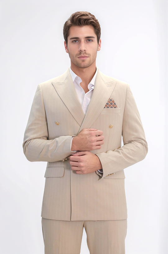 Pinstripe Double-Breasted Cream Men's Suit with Silver Buttons – Wessi