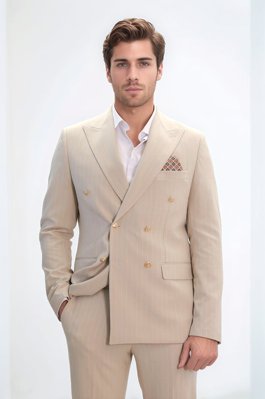 Pinstripe Double-Breasted Cream Men's Suit with Silver Buttons – Wessi