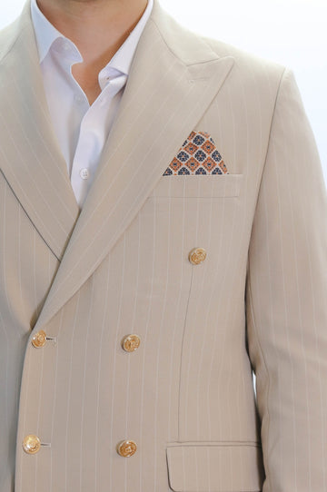 Pinstripe Double-Breasted Cream Men's Suit with Silver Buttons – Wessi