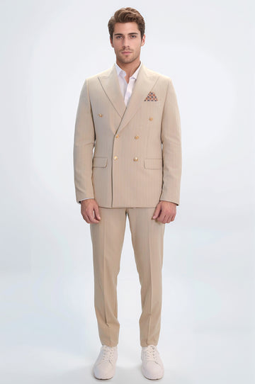 Pinstripe Double-Breasted Cream Men's Suit with Silver Buttons – Wessi
