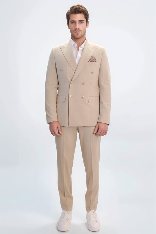 Pinstripe Double-Breasted Cream Men's Suit with Silver Buttons – Wessi