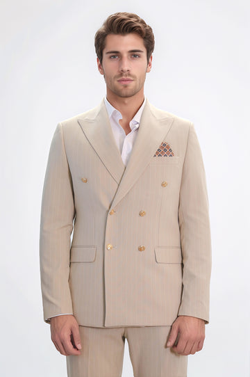 Pinstripe Double-Breasted Cream Men's Suit with Silver Buttons – Wessi