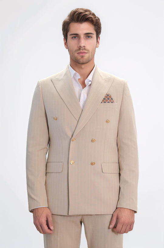 Pinstripe Double-Breasted Cream Men's Suit with Silver Buttons – Wessi