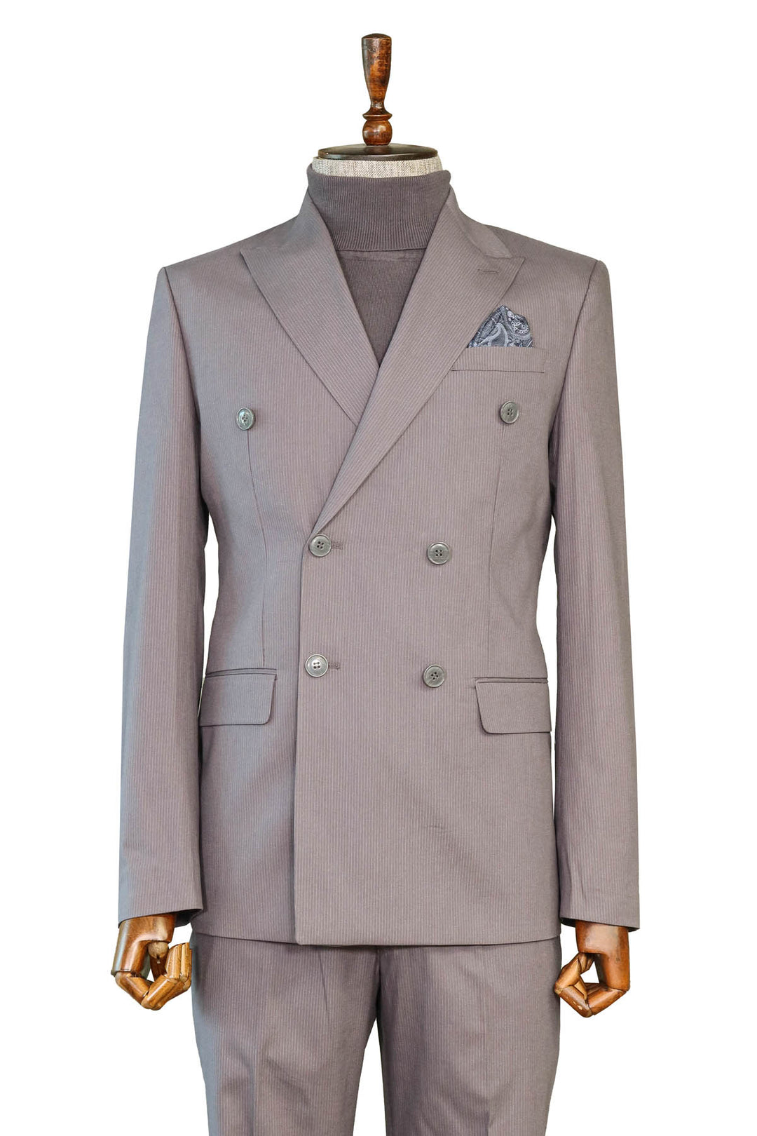 Taupe Striped Double-Breasted Suit and Turtleneck Sweater