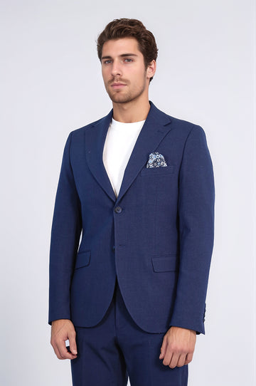 Navy Blue Slim Fit Two-Button Linen-Look Men's Suit – Wessi