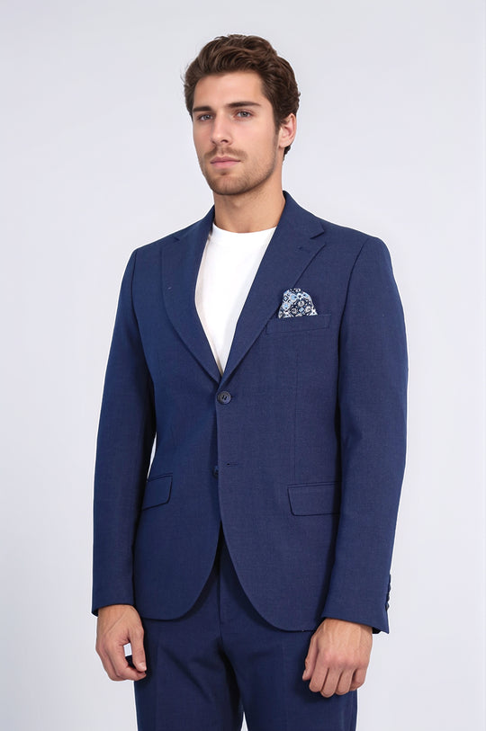 Navy Blue Slim Fit Two-Button Linen-Look Men's Suit – Wessi