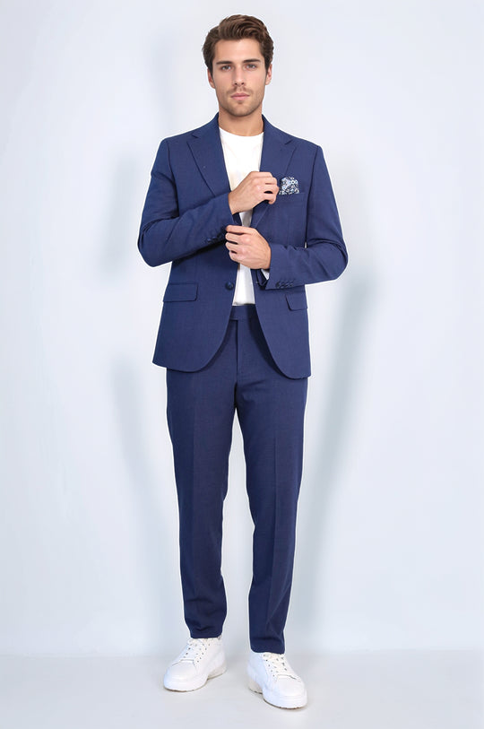 Navy Blue Slim Fit Two-Button Linen-Look Men's Suit – Wessi