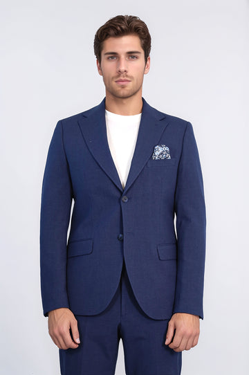 Navy Blue Slim Fit Two-Button Linen-Look Men's Suit – Wessi