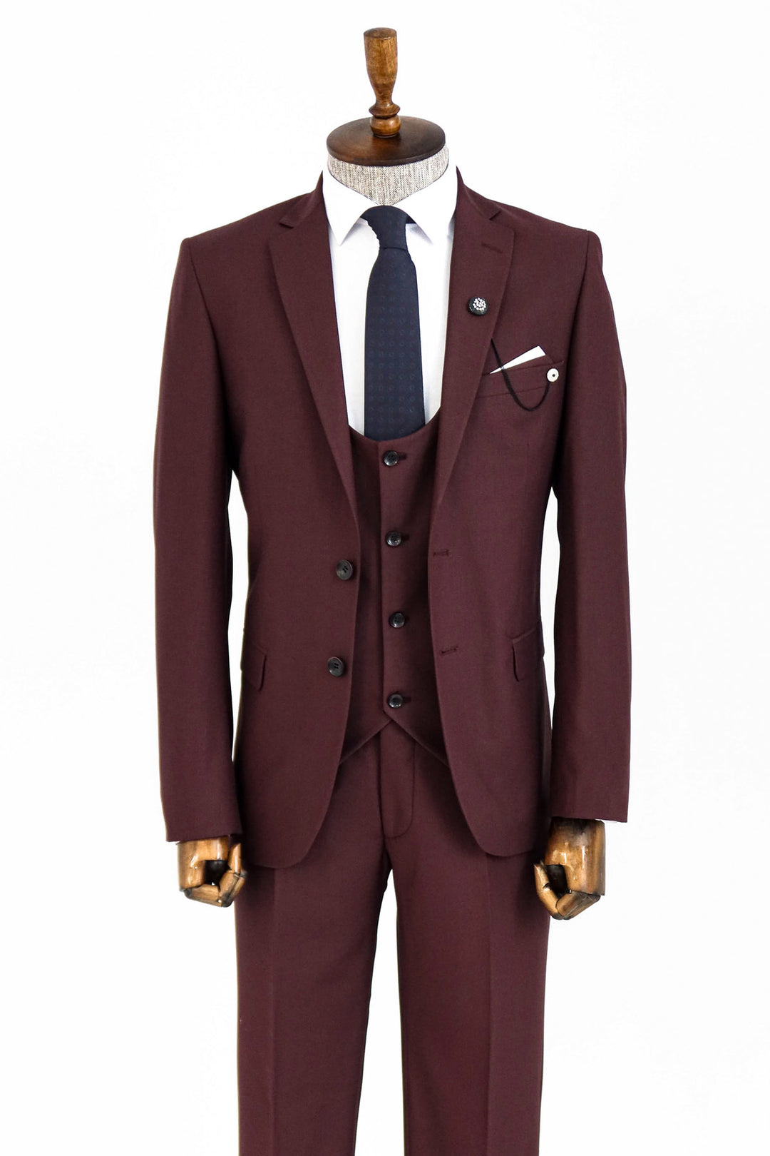Traje de hombre burdeos de corte entallado con chaleco | wess
