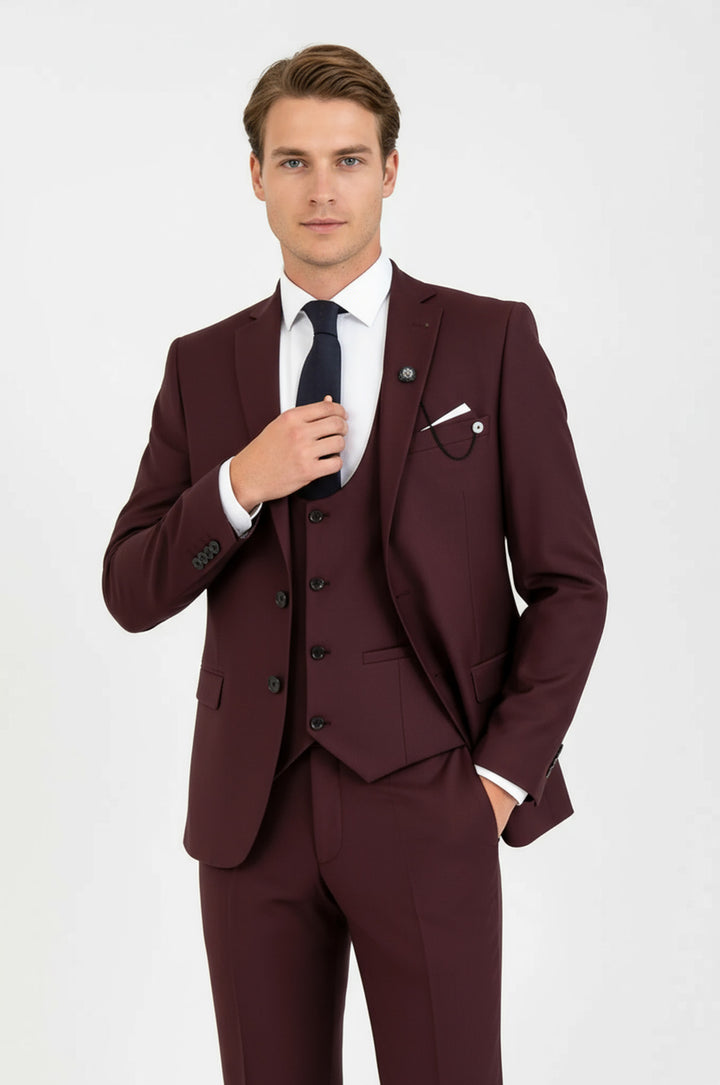 Burgundy Slim Fit Men's Suit with Vest | Wessi
