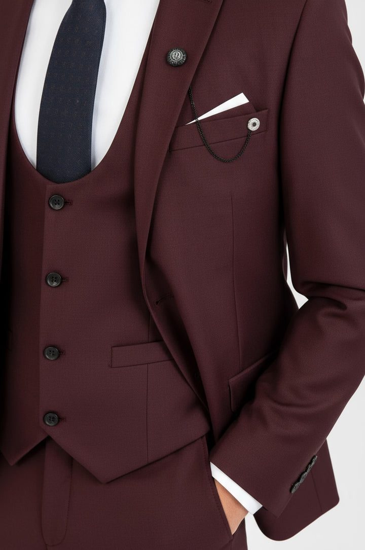 Burgundy Slim Fit Men's Suit with Vest | Wessi