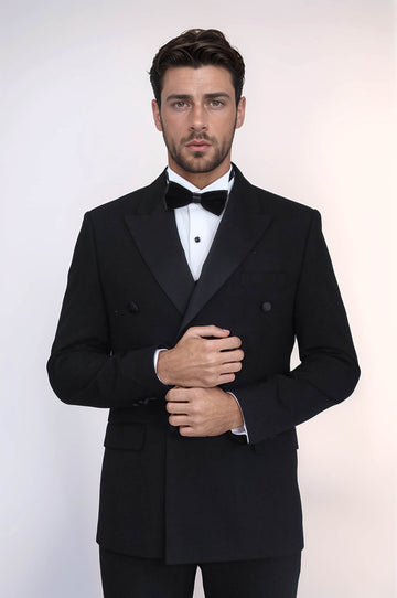 Slim Fit Double-Breasted Black Tuxedo Suit with Satin Lapel – Wessi