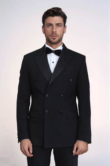 Slim Fit Double-Breasted Black Tuxedo Suit with Satin Lapel – Wessi