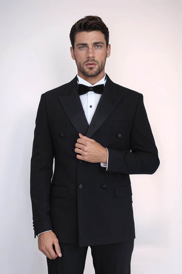 Slim Fit Double-Breasted Black Tuxedo Suit with Satin Lapel – Wessi