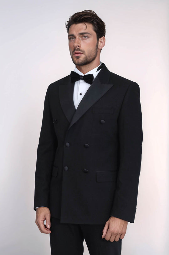 Slim Fit Double-Breasted Black Tuxedo Suit with Satin Lapel – Wessi
