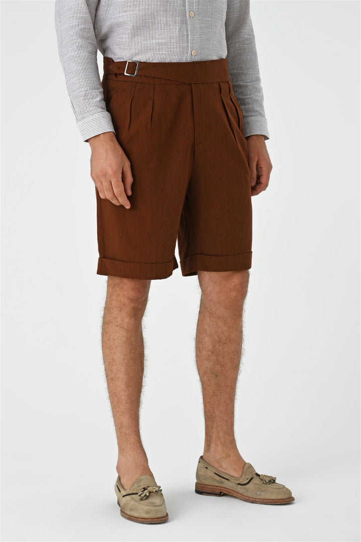 Men's Brown Buckle Detailed Pleated  Shorts - Wessi