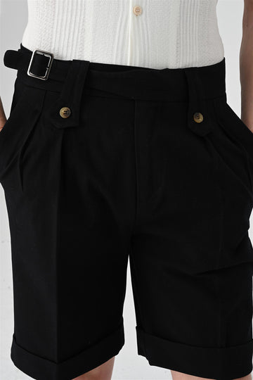 Men's Black Buckle Detailed Pleated  Shorts - Wessi