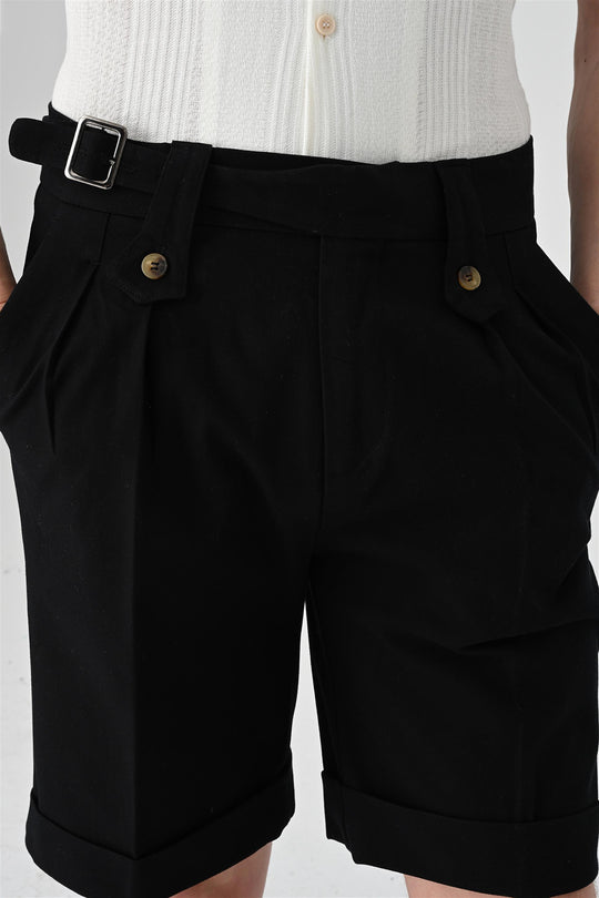 Men's Black Buckle Detailed Pleated  Shorts - Wessi