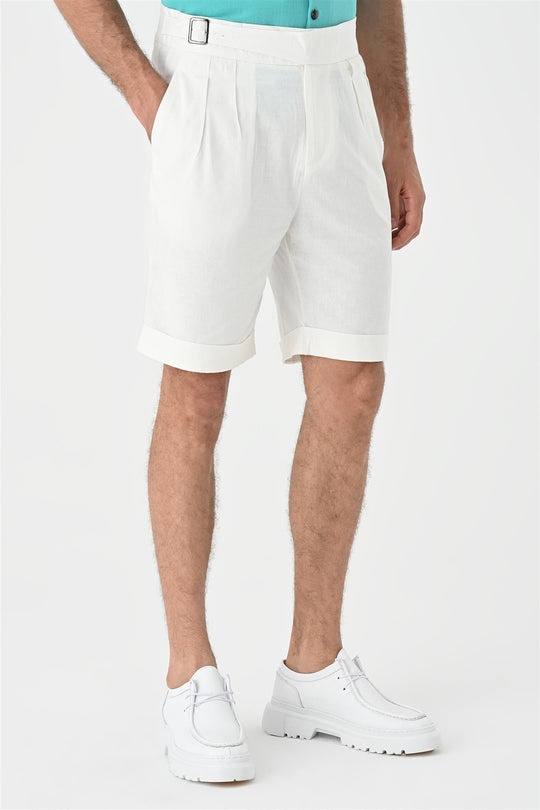 Men's White Buckle Detailed Pleated  Shorts - Wessi