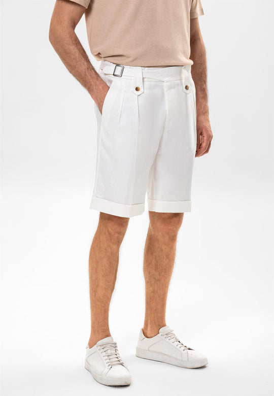 Men's White Buckle Detailed Pleated  Shorts - Wessi