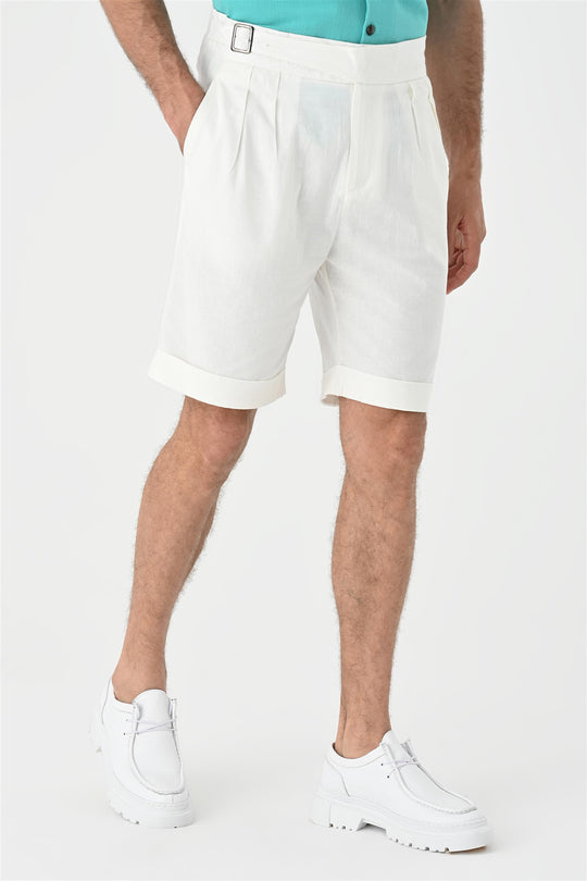 Men's White Buckle Detailed Pleated  Shorts - Wessi